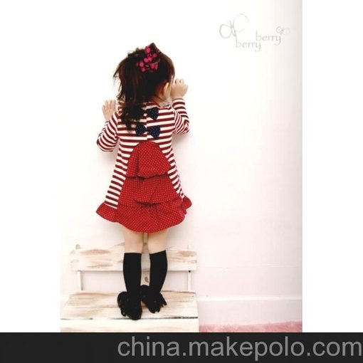 （廠家直銷）2011年新款春款女童裝外貿(mào)韓版新款橫條花邊連衣裙圖片