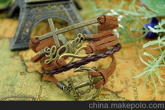 復(fù)古銅浪漫密碼 Love字母十字架船錨多層手鏈圖片