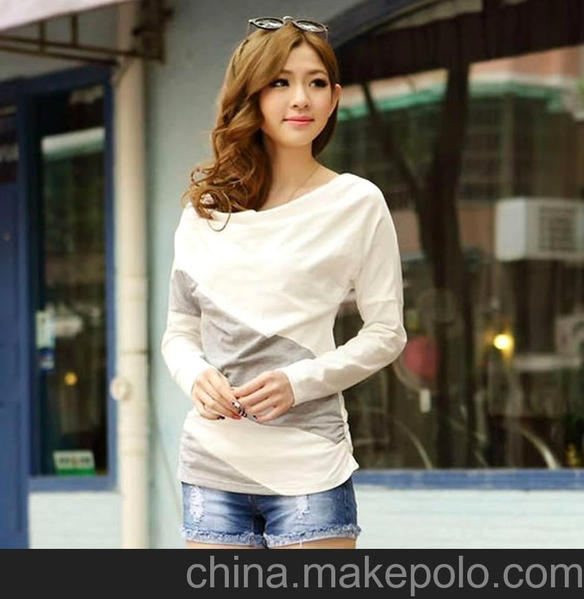 廠家直銷2013秋季新款韓版時尚休閑袖女裝拼接長袖T恤