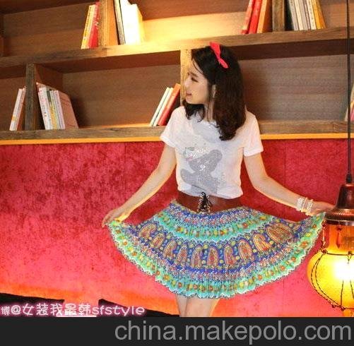 韓國(guó)代購(gòu)女裝 13新款 皮質(zhì)腰帶拼接雪紡半身短裙現(xiàn)貨爆款圖片