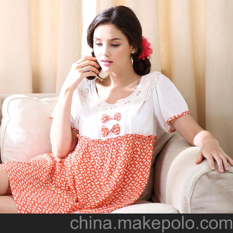 夏季女士純棉睡衣批發蕾絲睡裙短袖中裙雪紡家居服廠家一件代發